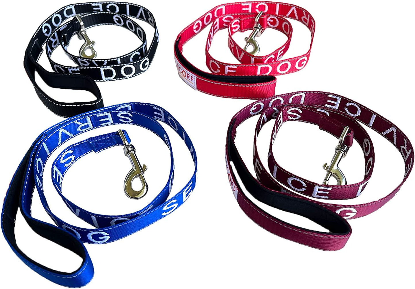Service Dog Leash - Embroidered- with Padded Neoprene Handle and Reflective Threads, 4 Feet, for Harnesses, Vests or Collars, Maroon